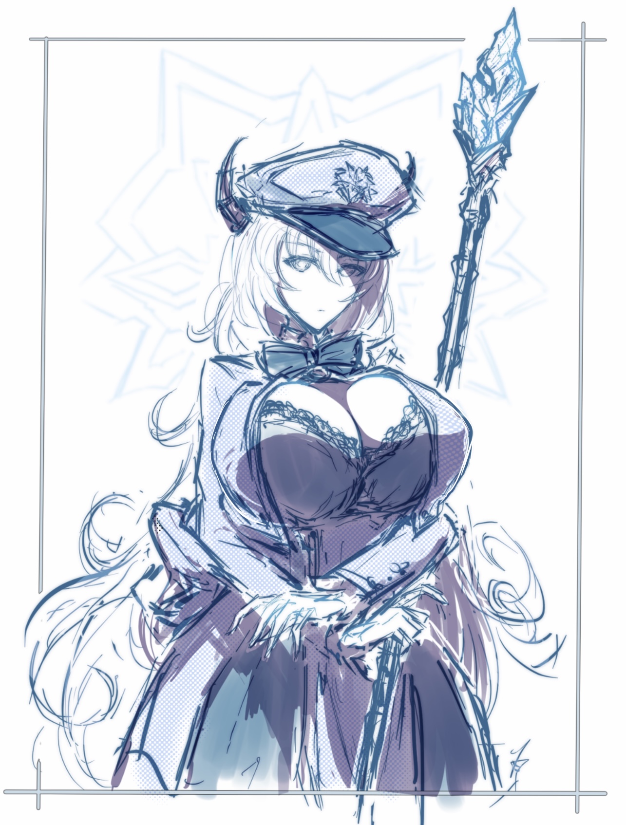 sisiza1ban, mir inverno (gakuen) (grimms notes), mir inverno (grimms notes), grimms notes, grimms notes gakuen, bad id, bad twitter id, 1girl, breasts, closed mouth, hair between eyes, hat, holding, holding staff, huge breasts, long hair, looking at viewer, sketch, solo, staff, very long hair
