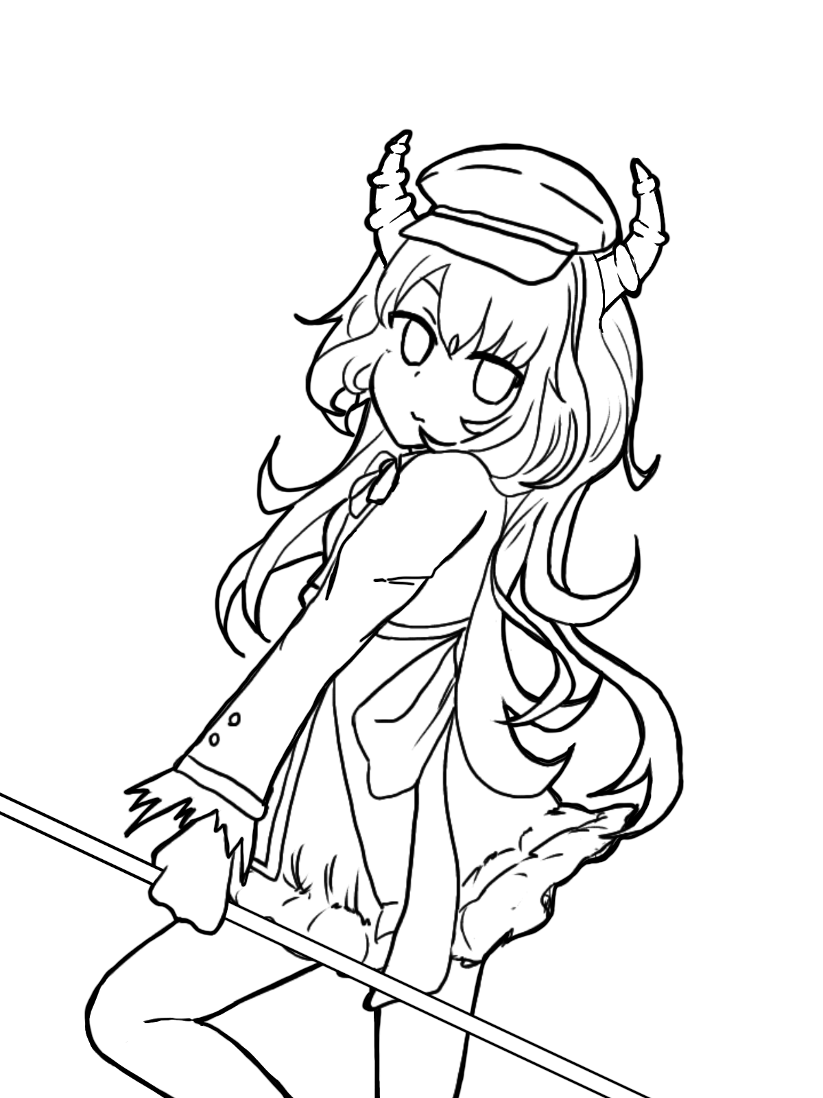 mir inverno (gakuen) (grimms notes), mir inverno (grimms notes), grimms notes, grimms notes gakuen, unfinished, 1girl, closed mouth, hat, holding, holding staff, long hair, looking at viewer, menokagami, monochrome, smile, solo, staff