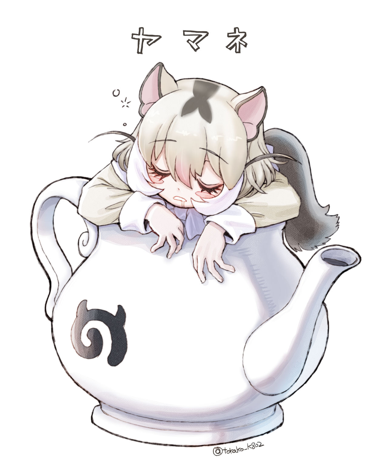 kosai takayuki, kemono friends, highres, 1girl, animal ears, blonde hair, brown hair, brown shirt, closed eyes, doormouse (kemono friends), eyelashes, hair between eyes, japari symbol, long sleeves, mouse ears, mouse girl, multicolored hair, saliva, shirt, short hair, sidelocks, sleeping, sleeve cuffs, solo, teapot, white hair