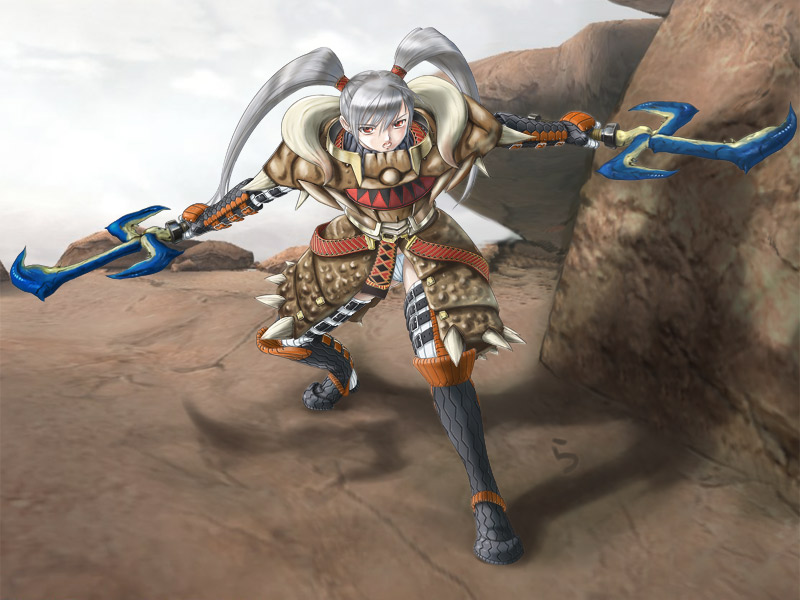 rasukaru, capcom, monster hunter (series), silver hair, 1girl, armor, diablos (armor), dual wielding, female focus, gypceros (armor), holding, long hair, panties, solo, striped clothes, striped panties, sword, thighhighs, twintails, underwear, weapon