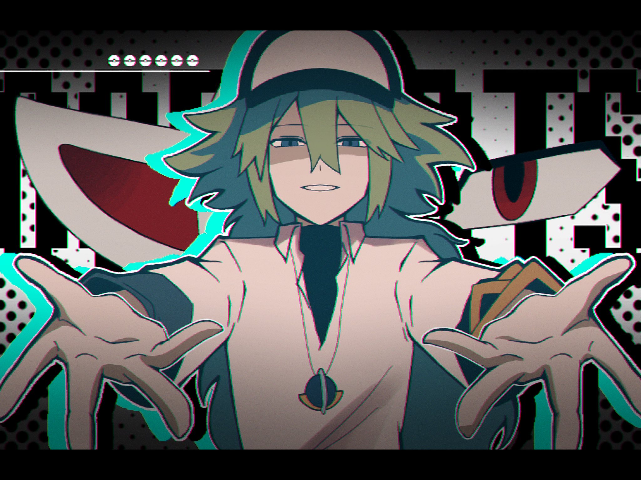 hiiro99522, ghetsis (pokemon), n (pokemon), nintendo, pokemon, pokemon bw, highres, 1boy, baseball cap, ben-day dots, black shirt, blue eyes, bracelet, collared shirt, double-parted bangs, green hair, hair between eyes, hat, jewelry, letterboxed, long hair, male focus, necklace, open collar, outstretched arms, outstretched hand, red eyes, screentones, shirt, smile, solo focus, teeth, very long hair, white shirt, wing collar
