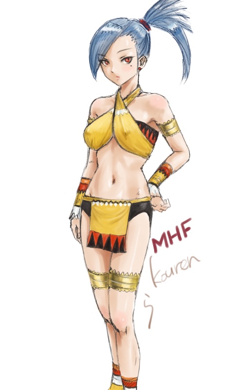rasukaru, capcom, monster hunter (series), silver hair, 1girl, bra, female focus, lingerie, midriff, mole, mole under eye, red eyes, side ponytail, solo, underwear