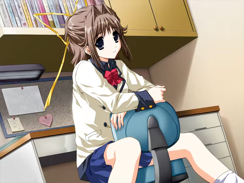 kanno touko, kanzaki chihiro, doko e iku no ano hi, game cg, non-web source, 1girl, black eyes, brown hair, closed mouth, desk, looking at viewer, ribbon, school uniform, short hair, sitting, socks, swivel chair, white socks, yellow ribbon