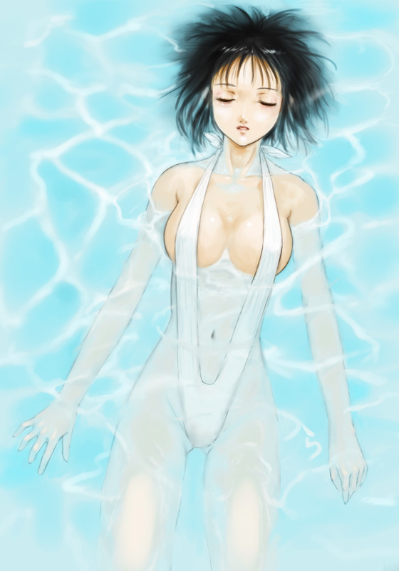 rasukaru, original, 1girl, afloat, black hair, breasts, caustics, closed eyes, female focus, hair spread out, large breasts, lying, navel, on back, one-piece swimsuit, parted lips, pool, short hair, slingshot swimsuit, solo, swimsuit, water, white one-piece swimsuit, white slingshot swimsuit