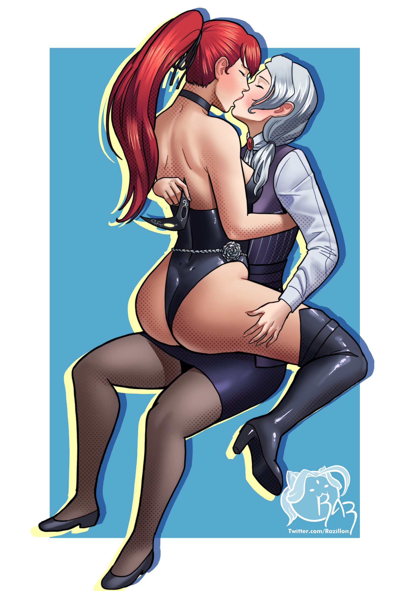 razillon, willow schnee, yoshizawa kasumi, persona, persona 5, rwby, highres, 2girls, ass, back, blue background, boots, border, choker, closed eyes, corset, crossover, domino mask, high heels, holding, holding mask, invisible chair, kiss, long hair, mask, multiple girls, pantyhose, red hair, scrunchie, shirt, shoes, side ponytail, simple background, sitting, sitting on lap, sitting on person, skirt, vest, white border, white hair, yuri