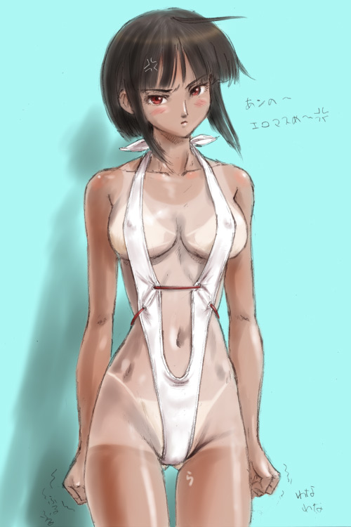rasukaru, original, translation request, 1girl, anger vein, angry, aqua background, bikini tan, blush, breasts, breasts apart, brown hair, clenched hands, covered erect nipples, cowboy shot, double tanline, female focus, head tilt, large breasts, looking at viewer, navel, one-piece tan, red eyes, shadow, shiny skin, short hair, sideboob, sidelocks, simple background, slingshot swimsuit, solo, standing, swimsuit, tan, tan tattoo, tanline, tanlines, tattoo, trembling