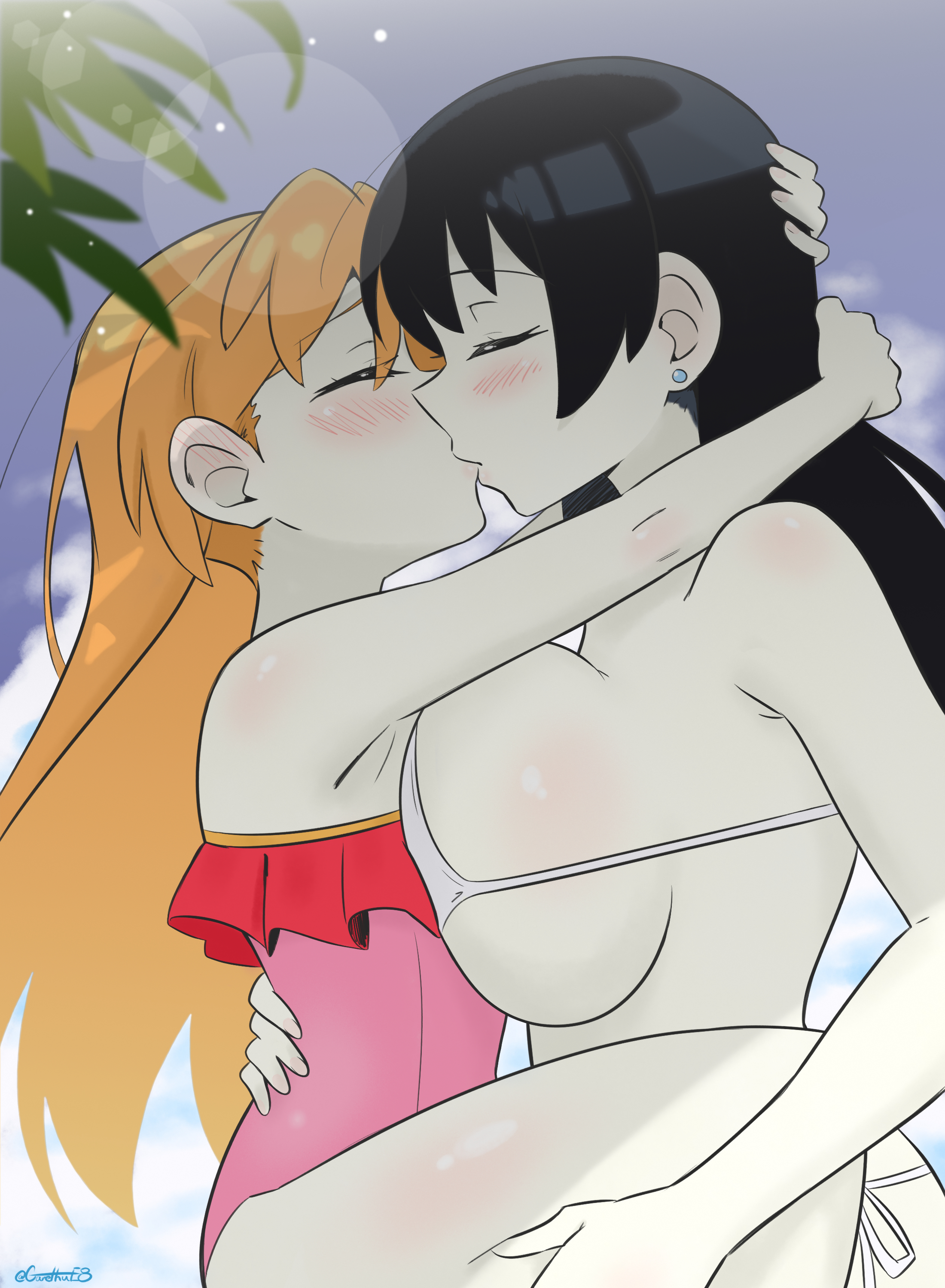 garethue8, arato nagi, tanigawa ruri, ruri no houseki, absurdres, highres, 2girls, age difference, bikini, black hair, blonde hair, blue sky, blush, breasts, closed eyes, cloud, day, earrings, height difference, hug, jewelry, kiss, large breasts, leaf, lens flare, long hair, multiple girls, one-piece swimsuit, outdoors, sky, sunlight, swimsuit, yuri