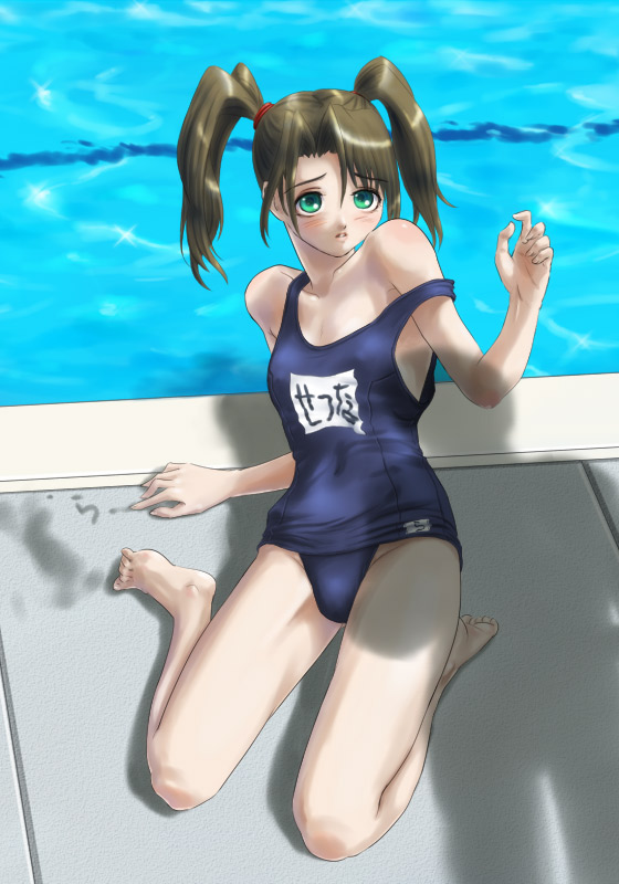 rasukaru, 1girl, barefoot, blue eyes, brown hair, flat chest, green eyes, kneeling, long hair, one-piece swimsuit, pool, poolside, scared, school swimsuit, shadow, short twintails, sitting, solo focus, strap slip, swimsuit, twintails, writing, you gonna get raped