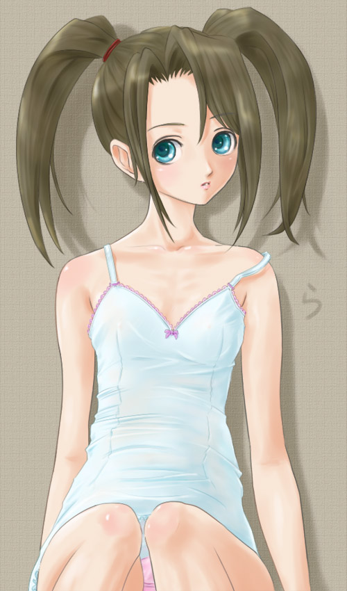 rasukaru, blue eyes, blush, brown hair, camisole, flat chest, long hair, panties, pantyshot, pink panties, solo, strap slip, twintails, underwear