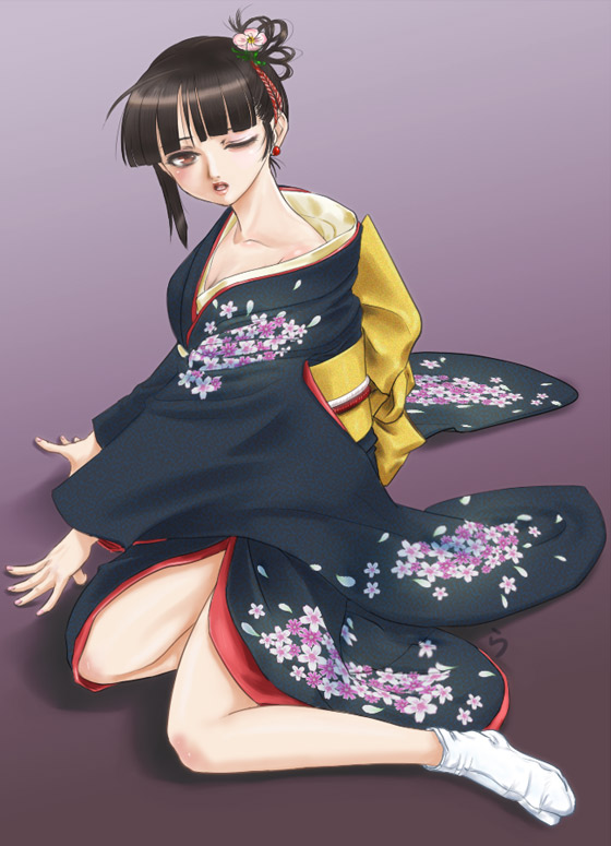 rasukaru, arm support, blush, brown eyes, brown hair, eyeshadow, flower, hair flower, hair ornament, japanese clothes, kimono, legs folded, lips, lipstick, makeup, nose, off shoulder, one eye closed, short hair, sitting, socks, solo, tabi, wink, yokozuwari