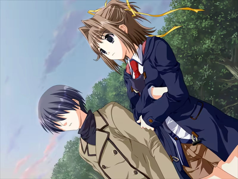 kanno touko, kanzaki chihiro, doko e iku no ano hi, game cg, non-web source, 1boy, 1girl, black eyes, brown hair, cat, closed mouth, crossed arms, faceless, faceless male, jacket, ribbon, short hair, sky, yellow ribbon