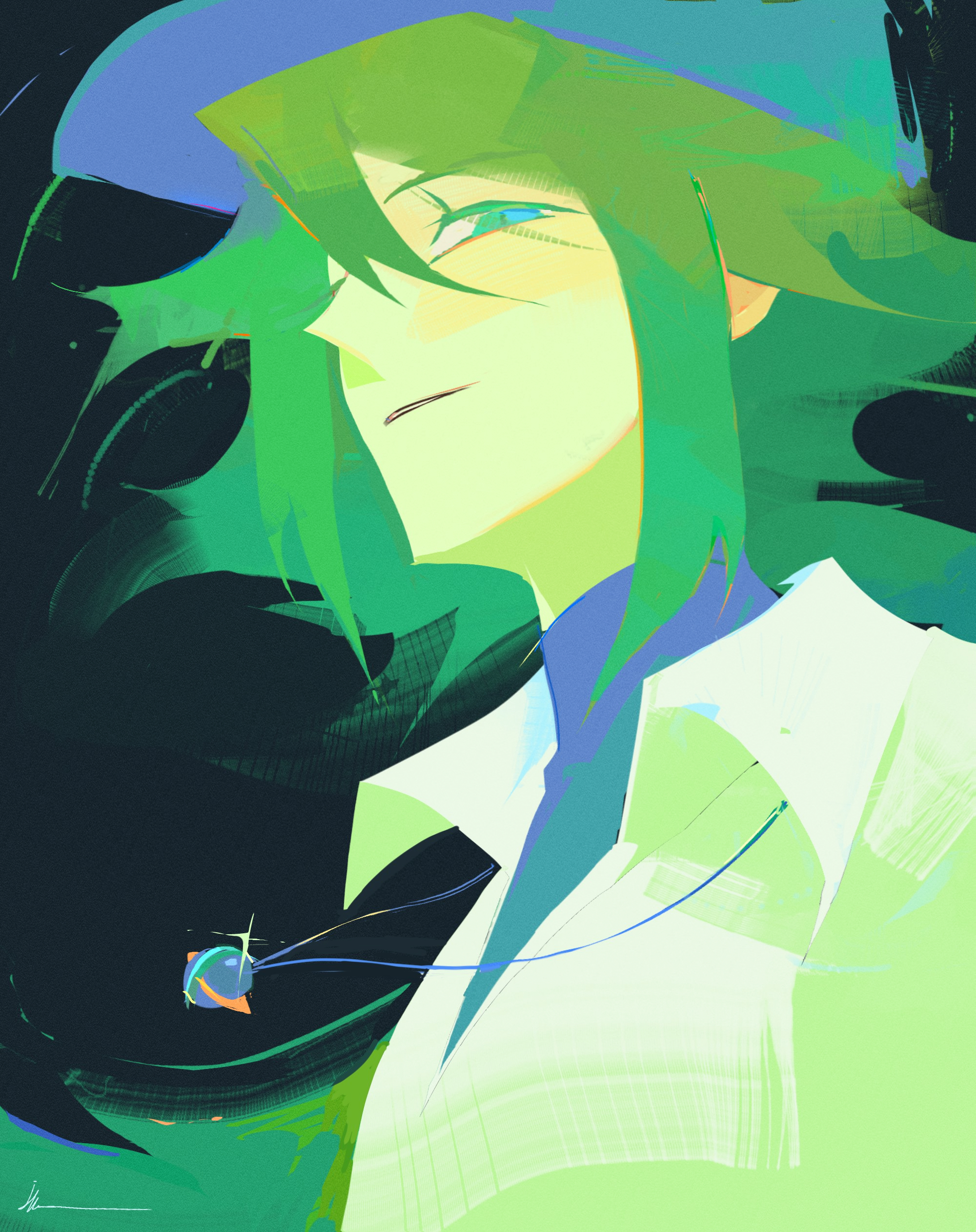 jjhoa, n (pokemon), nintendo, pokemon, pokemon bw, absurdres, commentary, english commentary, highres, 1boy, aqua eyes, baseball cap, black shirt, collared shirt, floating neckwear, green hair, hat, jewelry, light smile, long hair, looking at viewer, male focus, necklace, parted lips, profile, shirt, solo, turtleneck, upper body, very long hair, white shirt, wing collar
