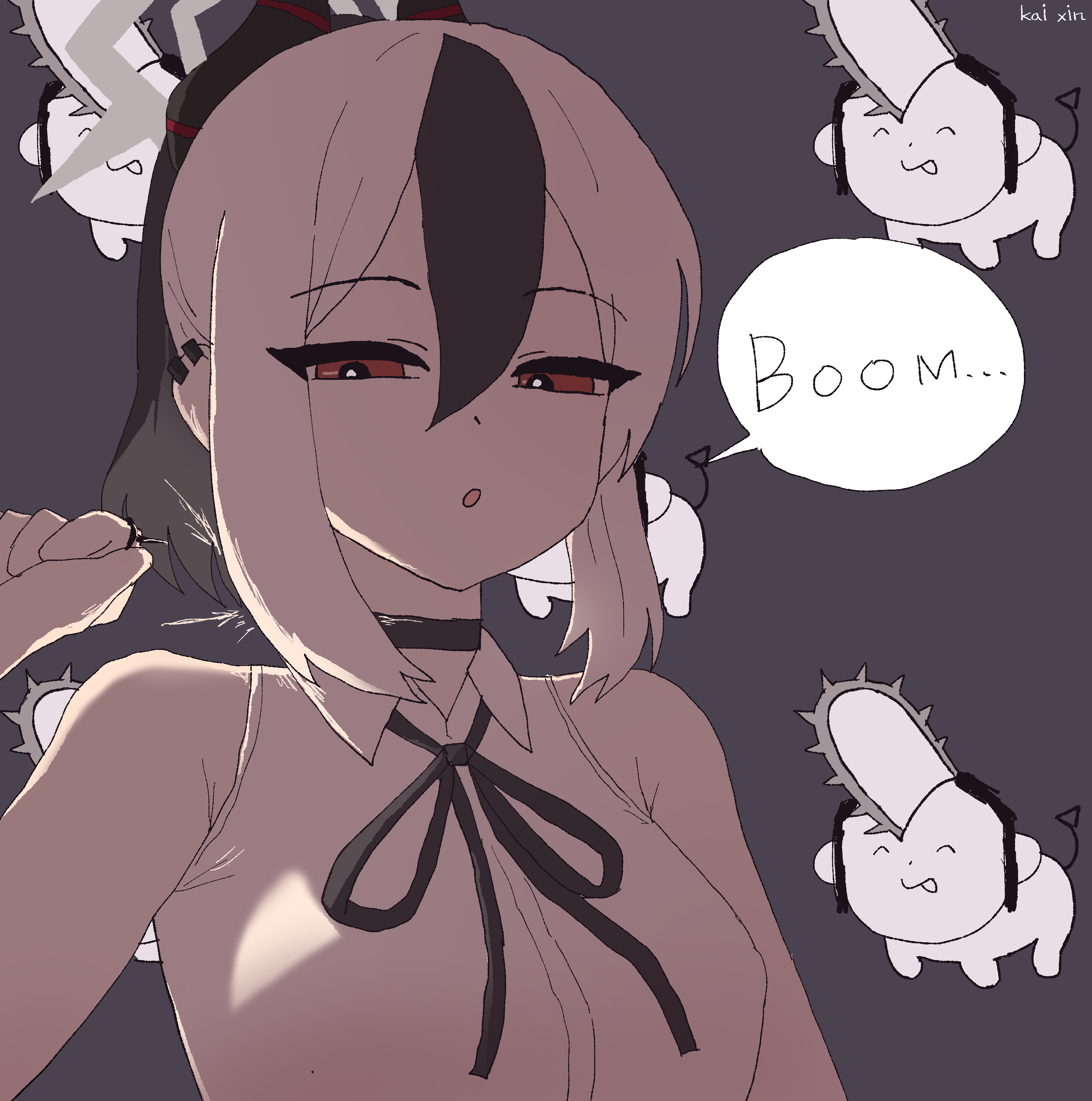 kai xin, doodle sensei (blue archive), kayoko (blue archive), reze (chainsaw man), sensei (blue archive), blue archive, chainsaw man, absurdres, highres, 1girl, black choker, black hair, black ribbon, choker, collared shirt, cosplay, grey hair, multicolored hair, red eyes, reze (chainsaw man) (cosplay), ribbon, shirt, sleeveless, sleeveless shirt, solo, speech bubble, two-tone hair, white shirt