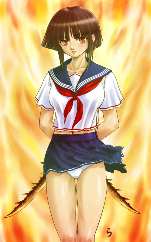 rasukaru, capcom, monster hunter (series), black hair, dual wielding, fire, holding, orange eyes, panties, pantyshot, school uniform, serafuku, short hair, solo, sword, underwear, weapon, white panties, wind, wind lift