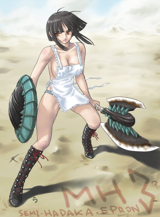 rasukaru, capcom, monster hunter (series), apron, axe, black hair, boots, breasts, cleavage, desert, double bladed axe, large breasts, naked apron, orange eyes, panties, sand, shield, short hair, solo, striped clothes, striped panties, underwear, weapon