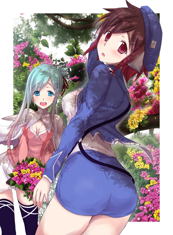 minazuki suu, hina (plunderer), lyne mei (plunderer), plunderer, official art, :o, ass, beret, black thighhighs, blue eyes, blue hair, blue hat, blue jacket, blue sky, blush, breasts, capelet, cowboy shot, flower, from behind, hat, holding, holding flower, huge breasts, jacket, long sleeves, looking at viewer, open mouth, outdoors, pencil skirt, pink shirt, red eyes, red hair, shirt, short hair, sidelocks, skirt, sky, smile, tareme, teeth, thighhighs, tree, upper teeth only, white capelet, white shirt, white skirt