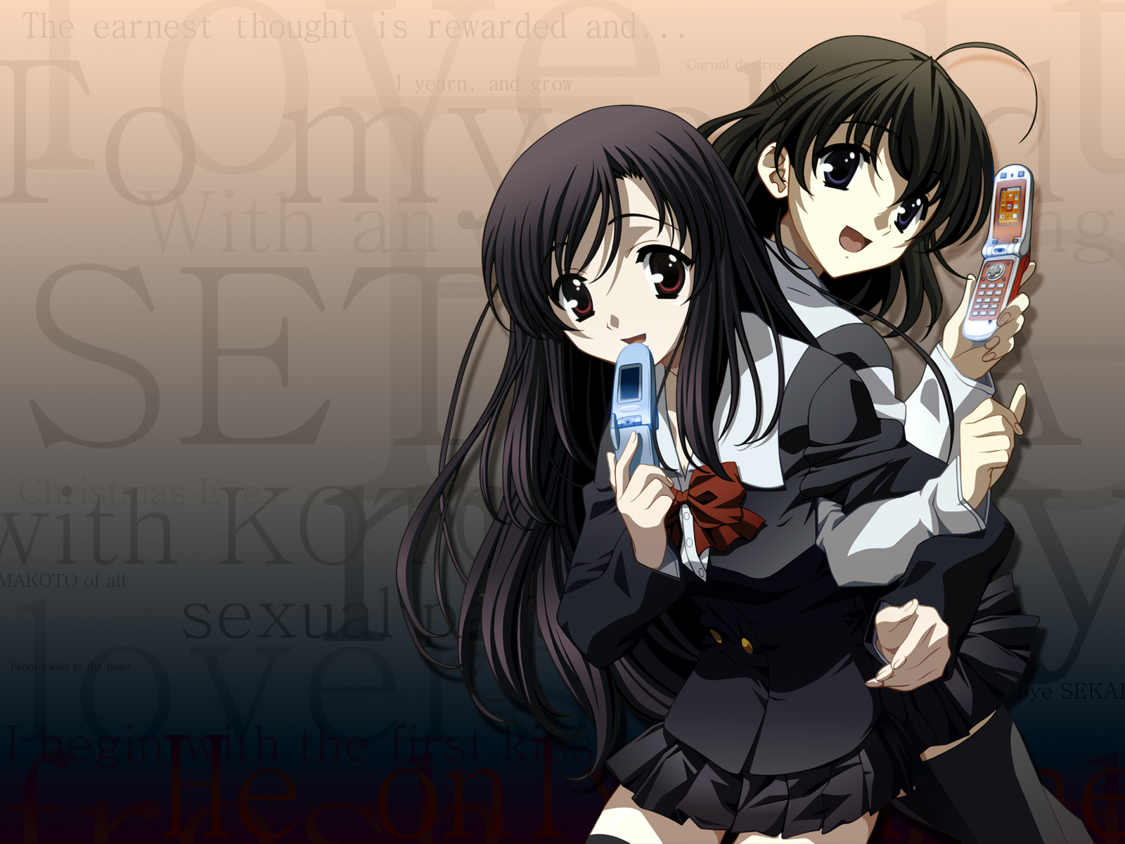 katsura kotonoha, saionji sekai, school days, highres, 00s, 2girls, back-to-back, bow, carrying, cellphone, multiple girls, phone, piggyback, red bow, ribbon, school uniform, serafuku