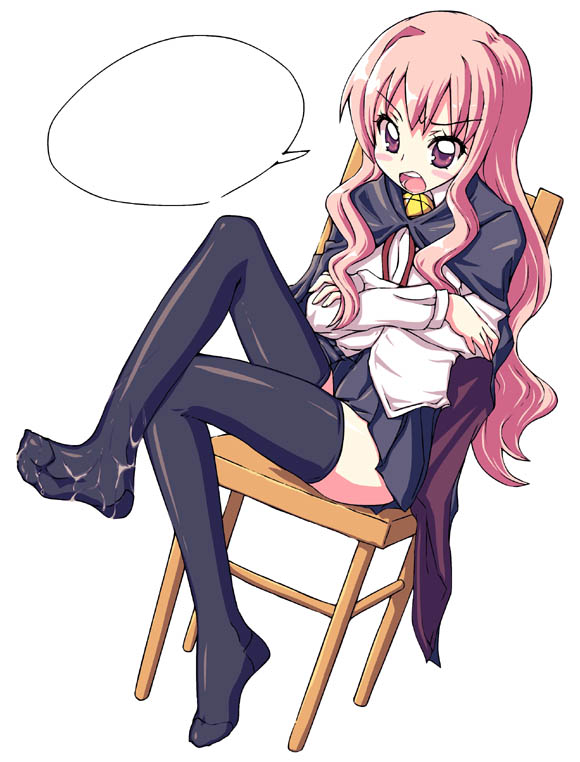 kimarin, louise francoise le blanc de la valliere, zero no tsukaima, 00s, cape, chair, cum, cum on body, cum on feet, cum on lower body, feet, long hair, on chair, pink hair, solo, thighhighs