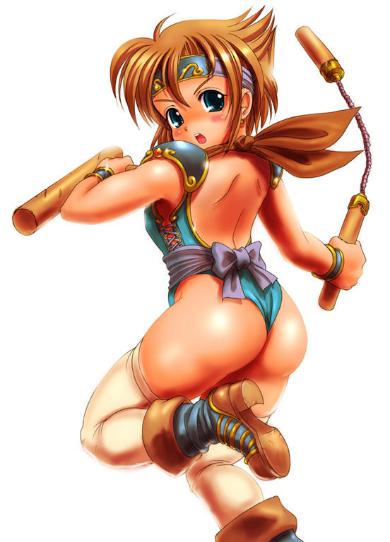gox, moriichi, final fantasy, final fantasy iii, 1990s (style), 1girl, armor, ass, back, backless leotard, blue eyes, blush, boots, bow, brown hair, dual wielding, earrings, female focus, flat chest, from behind, headband, holding, jewelry, leg up, leotard, looking back, nunchaku, nunchucks, open mouth, retro artstyle, scarf, short hair, simple background, solo, thighhighs, weapon, white thighhighs