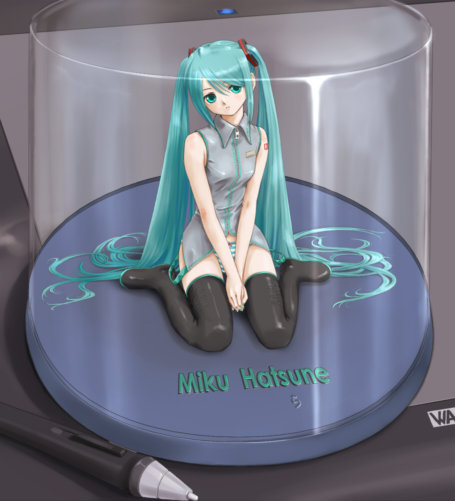 rasukaru, hatsune miku, vocaloid, 1girl, aqua eyes, aqua hair, aqua nails, bare shoulders, blue eyes, blue hair, blush, bow, bow panties, female focus, head tilt, kneeling, long hair, matching hair/eyes, mini person, minigirl, nail polish, own hands together, panties, sitting, solo, striped clothes, striped panties, thighhighs, twintails, underwear, v arms, very long hair, wariza, zipper