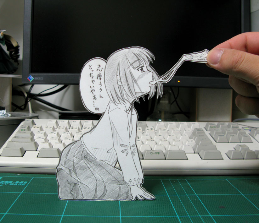 sasaki yukinojou, papercraft (medium), photo (medium), translation request, unconventional media, 1girl, all fours, blush, character cutout, computer, computer keyboard, food, interactive media, mechanical keyboard, paper child, pizza, solo focus, topre