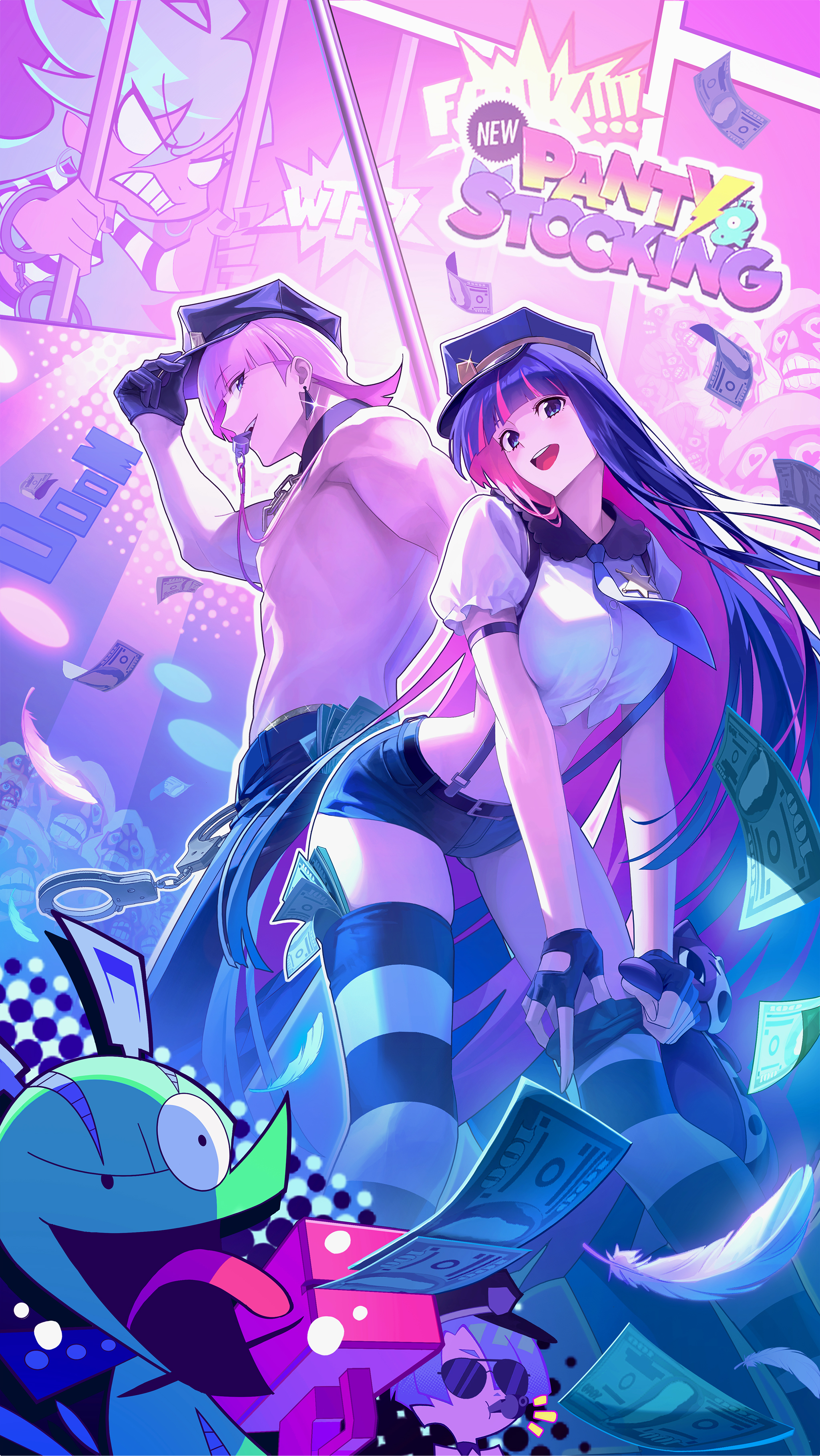 chuck (psg), panty (psg), polyurethane (psg), stocking (psg), panty & stocking with garterbelt, absurdres, highres, 1boy, 1girl, abdooly111, long hair, multicolored hair, pink hair, striped clothes, striped leggings, striped thighhighs, thighhighs, topless male, two-tone hair