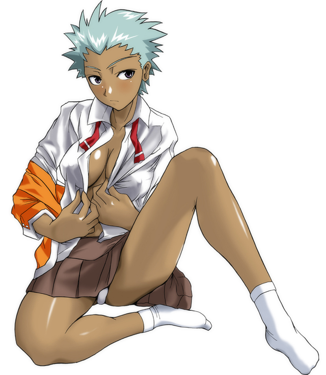 laula bianchi, my-hime, my-otome, 00s, 1girl, blue eyes, breasts, cleavage, covered erect nipples, dark-skinned female, dark skin, female focus, laura bianchi, medium breasts, neck ribbon, no bra, panties, pantyshot, ribbon, school uniform, serafuku, short hair, sitting, socks, solo, tan, underwear, undone neck ribbon, upskirt, white hair, white panties, white socks