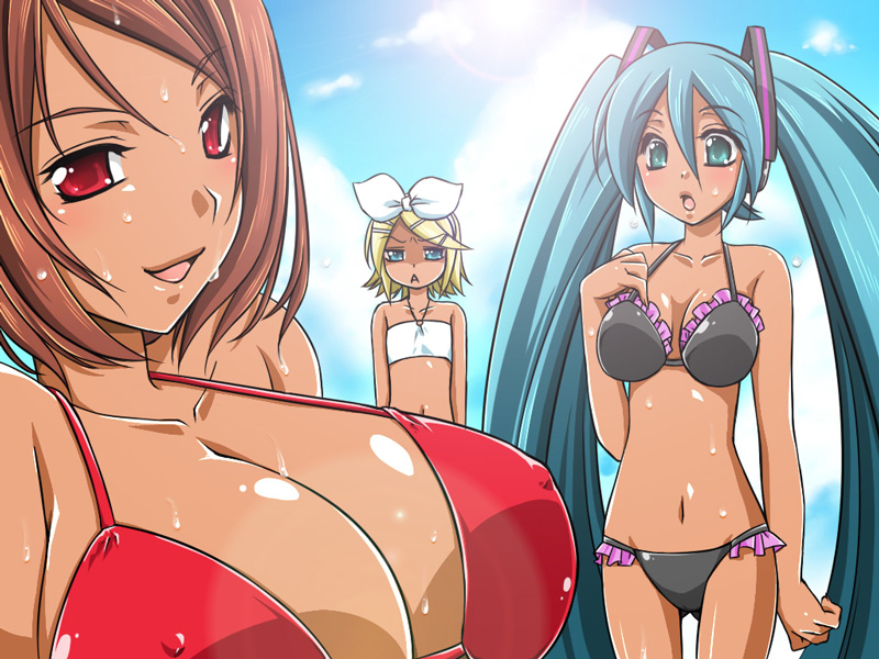 yorushin, hatsune miku, kagamine rin, meiko (vocaloid), vocaloid, bad id, bad pixiv id, 3girls, :<, :o, bikini, blonde hair, blue eyes, blue hair, breast envy, breasts, brown hair, day, flat chest, huge breasts, large breasts, multiple girls, red eyes, short hair, swimsuit, tan, triangle mouth, twintails, wet
