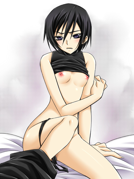 yorushin, lelouch vi britannia, luluko, code geass, bad id, bad pixiv id, 00s, 1girl, black hair, black panties, breasts, clothes lift, female focus, flat chest, genderswap, genderswap (mtf), nipples, panties, panties around leg, purple eyes, shirt lift, short hair, sleeveless, sleeveless turtleneck, solo, turtleneck, underwear