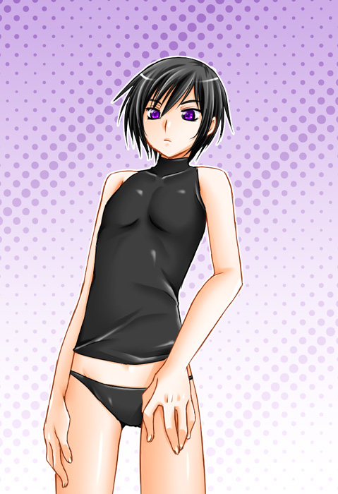 yorushin, lelouch vi britannia, luluko, code geass, 00s, 1girl, androgynous, black hair, black panties, female focus, flat chest, genderswap, genderswap (mtf), panties, purple eyes, short hair, solo, underwear