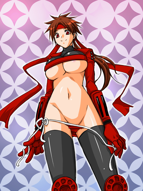 yorushin, sanada yukimura (sengoku basara), sengoku basara, 00s, 1girl, bandana, black thighhighs, breasts, brown hair, female focus, genderswap, genderswap (mtf), gloves, headband, huge breasts, long hair, looking at viewer, navel, panties, panty pull, red eyes, red panties, side-tie panties, smile, solo, thighhighs, thighs, underboob, underwear, untying