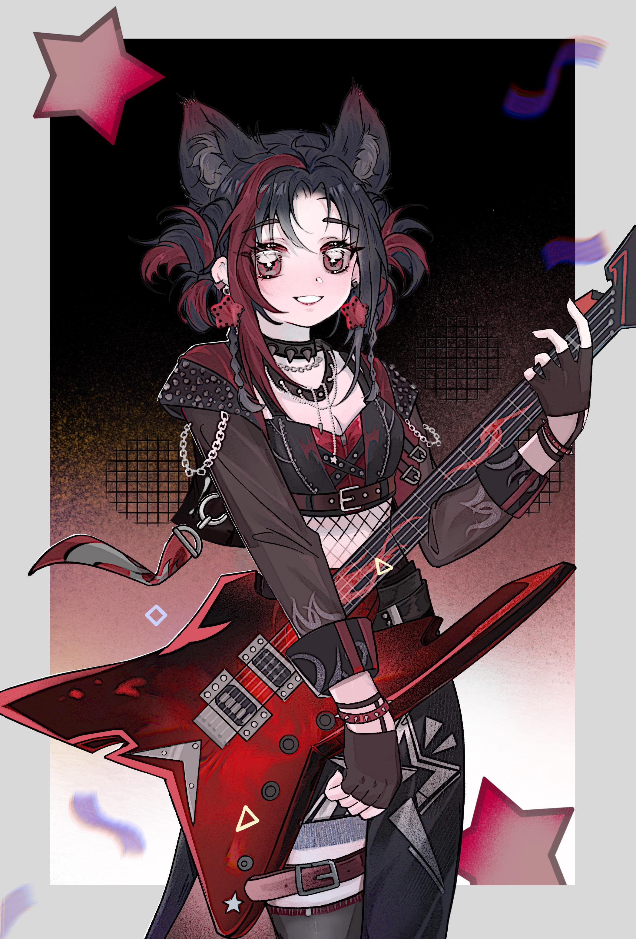 infinity nikki, nikki (series), absurdres, chinese commentary, commentary request, highres, procreate (medium), + +, 1girl, animal ear fluff, animal ears, belt, belt buckle, black background, black belt, black choker, black gloves, black hair, black shirt, black skirt, black sleeve cuffs, black thighhighs, border, bracelet, breasts, brown belt, brown eyes, buckle, chain, chest belt, choker, cleavage, collared jacket, confetti, counterflow concerto (infinity nikki), cowboy shot, crop top, dot nose, electric guitar, extra ears, eyelashes, fingerless gloves, fishnets, gloves, gradient background, grey border, grey jacket, grid background, grin, guitar, hair rings, hair tie, huaerdileichenghua, instrument, jacket, jewelry, kemonomimi mode, leather, leather jacket, light blush, lips, long skirt, long sleeves, looking at viewer, midriff, multicolored hair, multiple bracelets, music, necklace, open clothes, open jacket, outside border, parted bangs, pink lips, playing guitar, playing instrument, print skirt, punk, red background, red belt, red hair, red shirt, shirt, short hair with long locks, side slit, skirt, sleeve cuffs, sleeveless, sleeveless shirt, smile, solo, spiked choker, spikes, standing, star (symbol), star print, streaked hair, studded belt, studded bracelet, thigh belt, thigh strap, thighhighs, two-tone background, two-tone hair, two-tone shirt, wolf ears