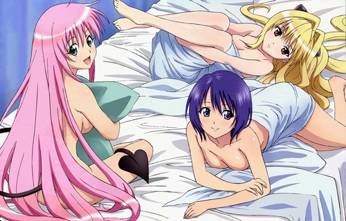 kutsuzawa youko, konjiki no yami, lala satalin deviluke, sairenji haruna, to love-ru, lowres, non-web source, 00s, 3girls, barefoot, bed, bed sheet, blonde hair, blue eyes, blue hair, brown eyes, green eyes, long hair, multiple girls, pillow, pink hair, short hair, tail, twintails, two side up