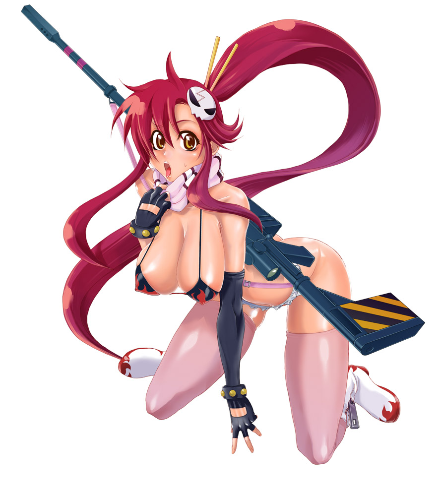 rokumonsen kako, yoko littner, tengen toppa gurren lagann, 00s, anti-materiel rifle, bikini, bikini top only, bottomless, breasts, cleavage, elbow gloves, gloves, gun, huge breasts, ponytail, red hair, rifle, scarf, sniper rifle, solo, swimsuit, thighhighs, weapon