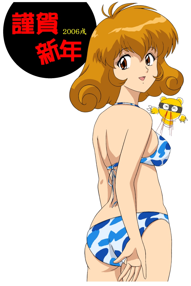 tsukiyo no ribbon, corrector ir, kasuga yui, corrector yui, highres, translation request, 00s, 1990s (style), 1girl, 2006, ass, bikini, blood, blue bikini, brown eyes, brown hair, cowboy shot, creature, female focus, looking at viewer, looking back, nosebleed, retro artstyle, robot, short hair, simple background, skindentation, smile, solo, standing, swimsuit, white background