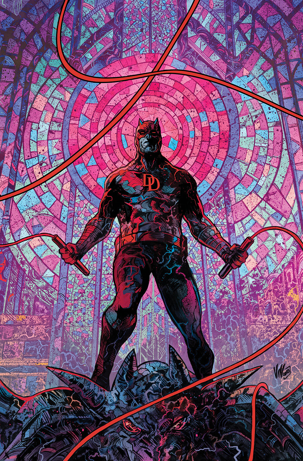 vinartwork, daredevil, marvel, highres, 1boy, architecture, baton (weapon), blind, bodysuit, boots, cathedral, church, colorful background, european architecture, gloves, holding, holding baton, holding nunchaku, holding weapon, horned mask, horns, indoors, male focus, mask, matt murdock, nunchaku, red-tinted eyewear, red bodysuit, red mask, science fiction, solo, superhero costume, tinted eyewear, weapon, western comics (style)