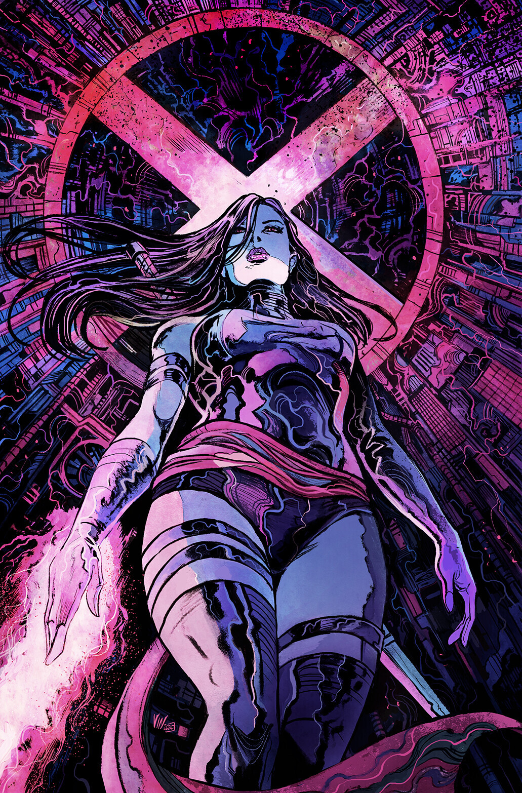 vinartwork, psylocke, marvel, x-men, highres, 1girl, abstract background, blue leotard, energy blade, gloves, halter leotard, halterneck, highleg, highleg leotard, holding, holding sword, holding weapon, leotard, letter, long hair, purple hair, purple leotard, sash, science fiction, superhero costume, sword, thighhighs, waist sash, weapon, western comics (style)