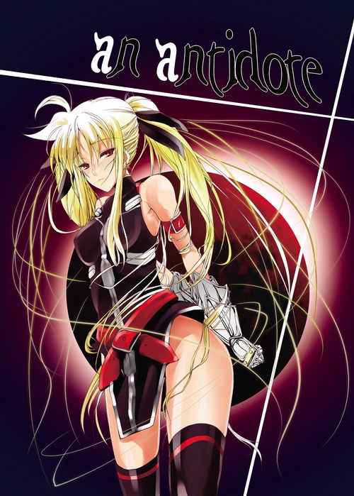 boshinote, fate testarossa, fate testarossa (true sonic form), lyrical nanoha, mahou shoujo lyrical nanoha, mahou shoujo lyrical nanoha strikers, 00s, 1girl, ahoge, armband, belt, black thighhighs, blonde hair, female focus, gauntlets, hair ribbon, loincloth, long hair, red eyes, ribbon, sleeveless, solo, thighhighs, thighs, turtleneck, twintails, very long hair