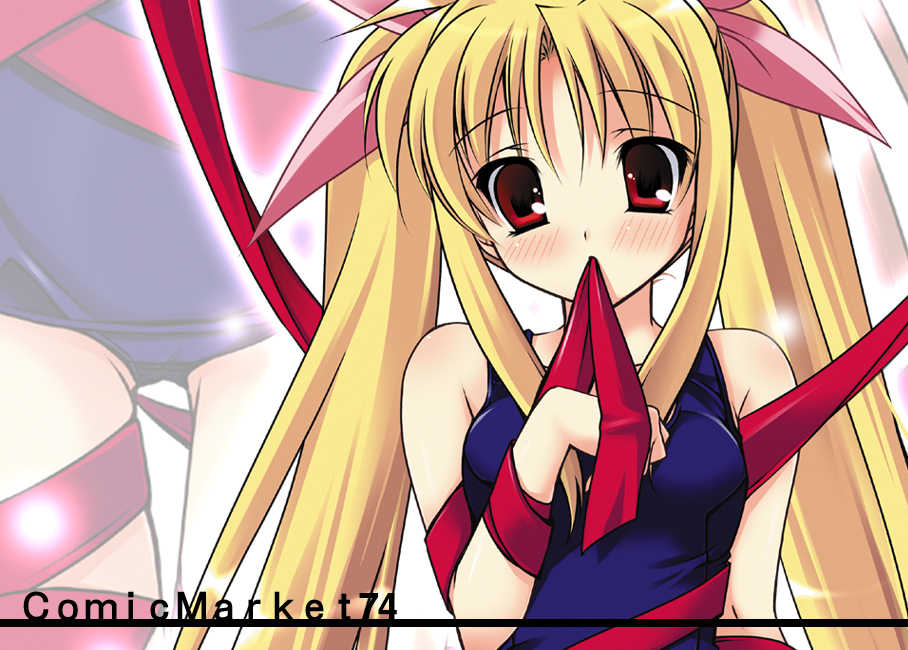 hayashi sakura, fate testarossa, lyrical nanoha, mahou shoujo lyrical nanoha, 00s, blush, mouth hold, one-piece swimsuit, school swimsuit, solo, swimsuit