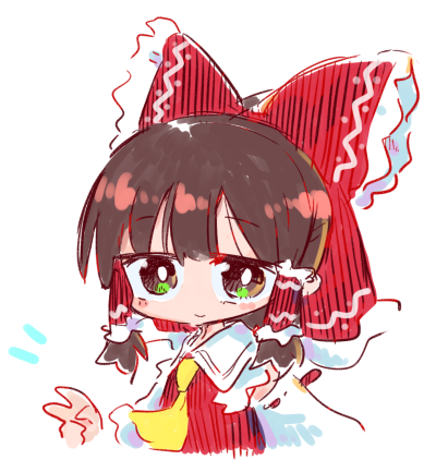 kasuga yuuki, hakurei reimu, touhou, commentary request, lowres, 1girl, blush stickers, bow, brown eyes, brown hair, chibi, closed mouth, collared shirt, cropped torso, hair bow, hair tubes, hand up, long hair, notice lines, red bow, red shirt, romaji commentary, shirt, simple background, sleeveless, sleeveless shirt, smile, solo, upper body, v, white background