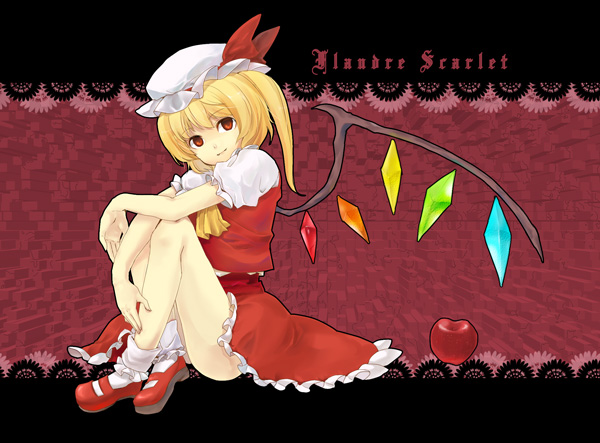 sazame, yuki (popopo), flandre scarlet, touhou, bad id, bad pixiv id, 1girl, apple, ass, blonde hair, character name, female focus, food, fruit, hat, mob cap, ponytail, ribbon, short hair, sitting, solo, wings