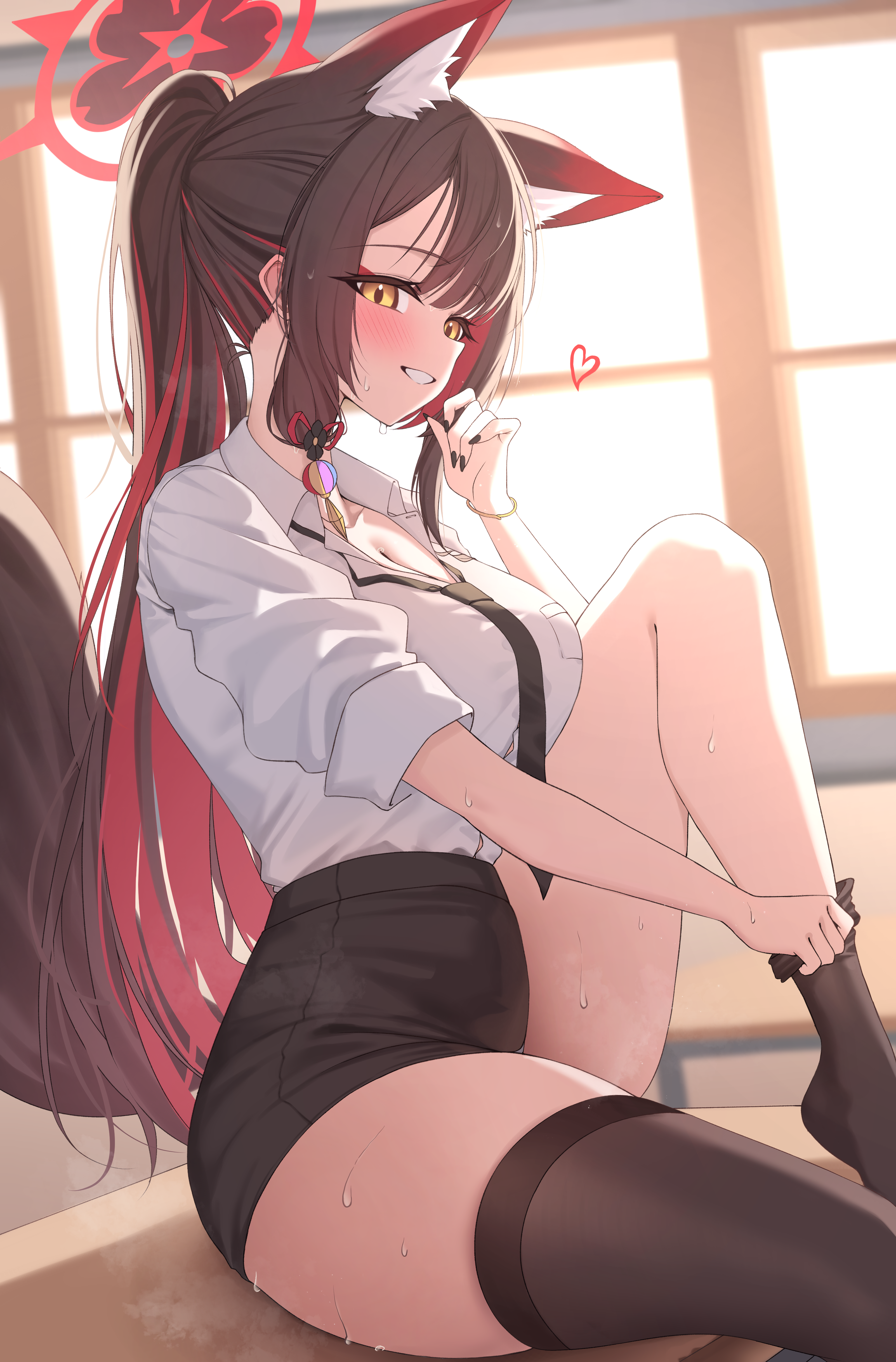 gyu chul, wakamo (blue archive), blue archive, absurdres, commentary, highres, 1girl, adjusting clothes, adjusting legwear, animal ear fluff, animal ears, black hair, black nails, black necktie, black skirt, black thighhighs, blush, breast pocket, breasts, cleavage, collarbone, collared shirt, colored inner hair, day, desk, dutch angle, fox ears, fox girl, fox tail, from side, hair ornament, halo, hand up, heart, knee up, large breasts, legs, long hair, looking at viewer, multicolored hair, nail polish, necktie, on desk, parted lips, pocket, ponytail, red hair, red halo, school desk, school uniform, shirt, shirt tucked in, short sleeves, sidelocks, sitting, skirt, smile, solo, steaming body, sweat, tail, thighhighs, thighs, very long hair, white shirt, window, yellow eyes