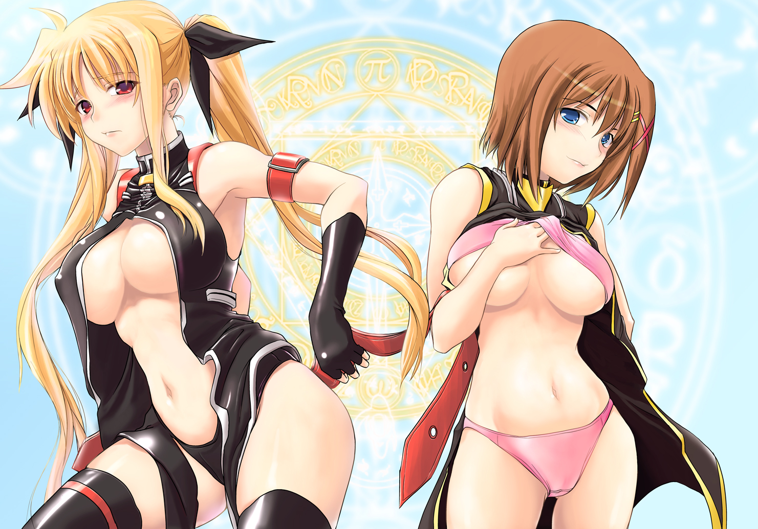 soba (saz), fate testarossa, fate testarossa (true sonic form), yagami hayate, lyrical nanoha, mahou shoujo lyrical nanoha, mahou shoujo lyrical nanoha strikers, bad id, bad pixiv id, 00s, 2girls, black panties, blonde hair, blue eyes, blush, bra, bra lift, breasts, brown hair, clothes lift, fingerless gloves, gloves, highleg, highleg panties, large breasts, lingerie, long hair, magic circle, multiple girls, navel, panties, pink panties, red eyes, shirt lift, short hair, thighhighs, twintails, underboob, underwear, undressing, very long hair