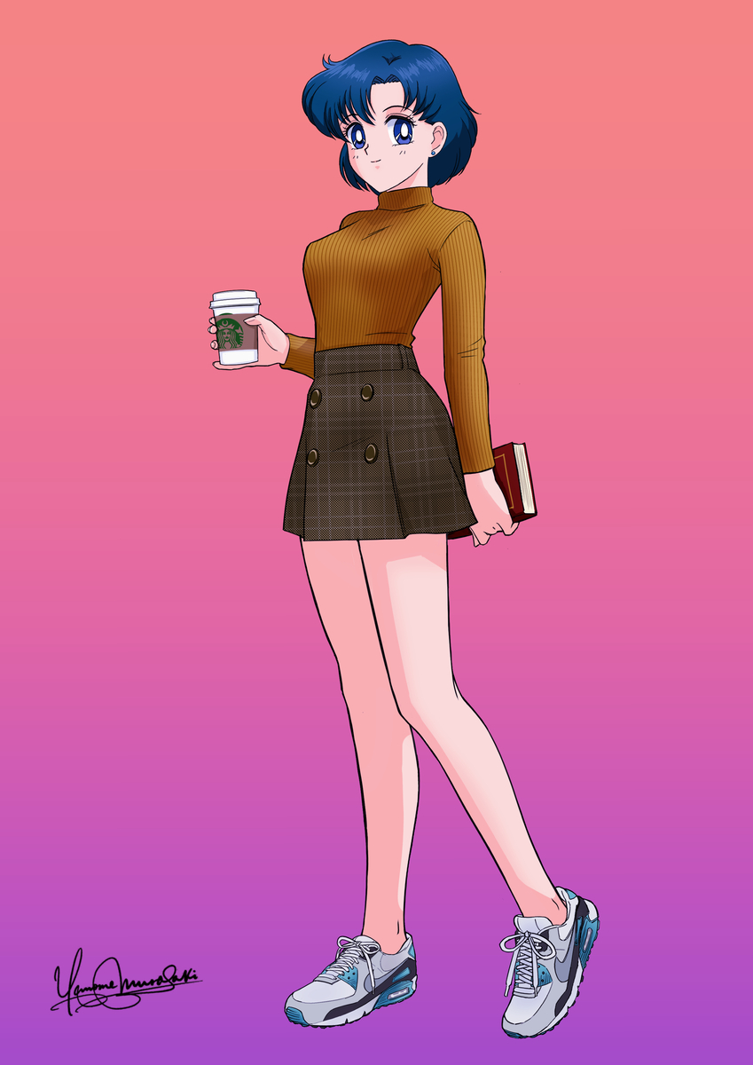 dj jdite, mizuno ami, bishoujo senshi sailor moon, starbucks, highres, 1girl, blue eyes, blue hair, book, brown sweater, cup, disposable coffee cup, disposable cup, parted bangs, shoes, short hair, skirt, sneakers, solo, sweater, turtleneck, turtleneck sweater