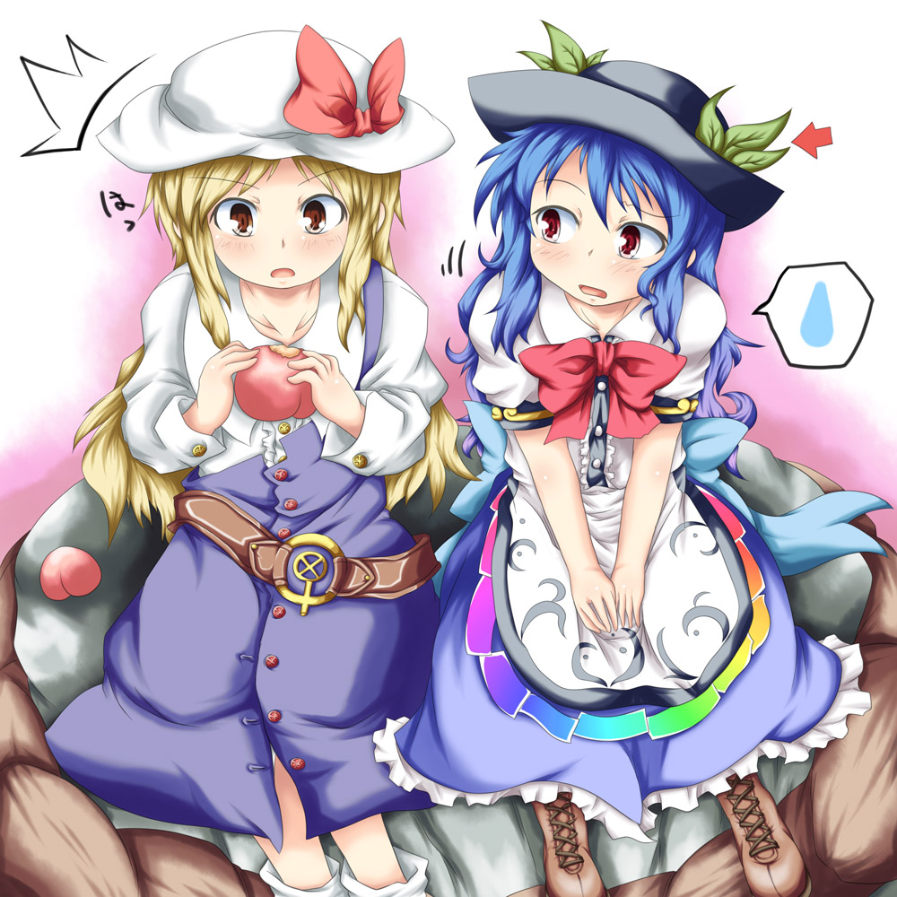 konata gazel, nanatsuhane, hinanawi tenshi, watatsuki no toyohime, touhou, bad id, bad pixiv id, 2girls, blonde hair, blue hair, eating, female focus, food, fruit, hat, holding, holding food, holding fruit, kaname-ishi, long hair, multiple girls, peach, ribbon, rope, shimenawa