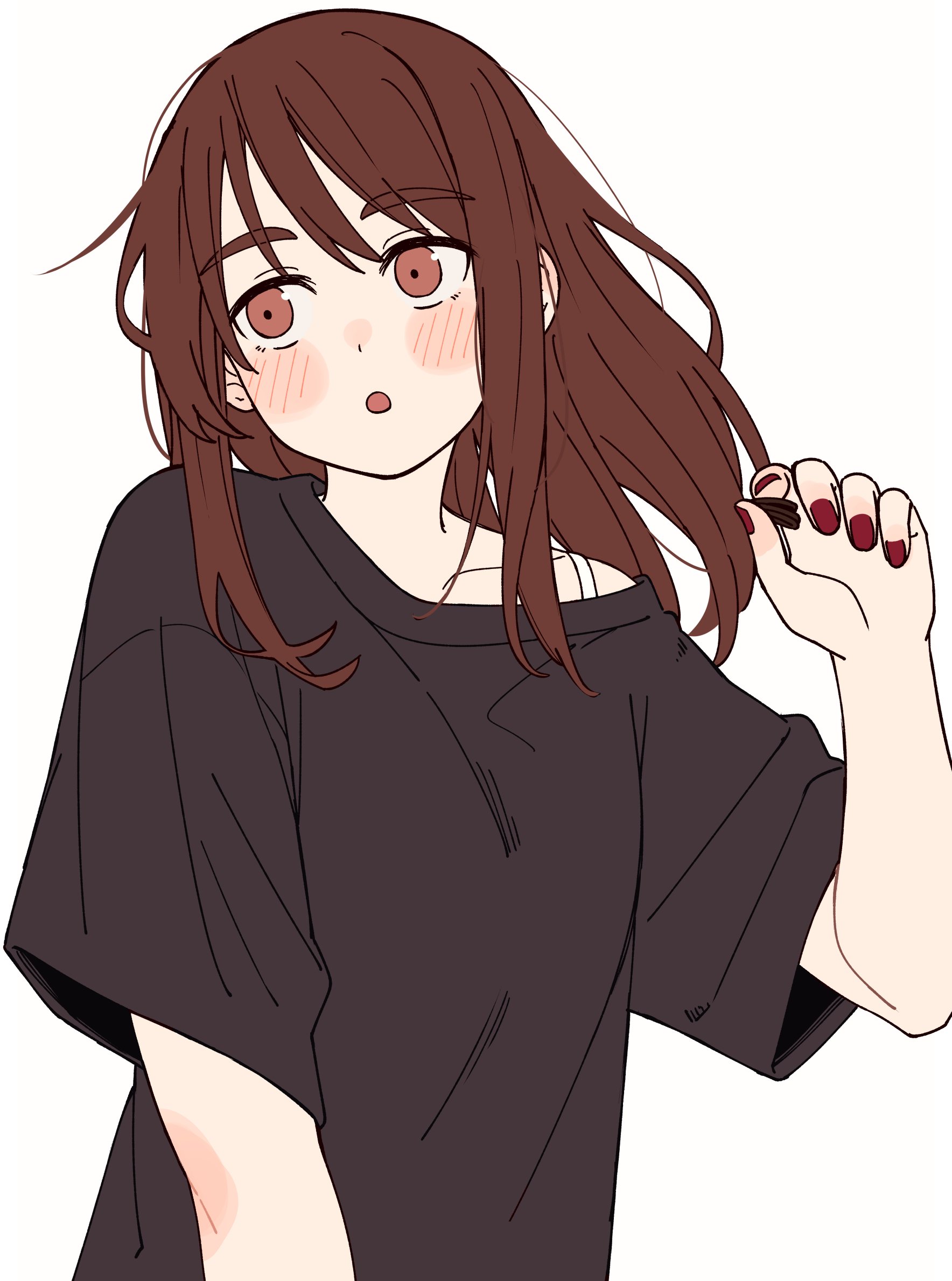 kapatarou, original, highres, 1girl, black shirt, blush, bra, brown eyes, brown hair, hand up, shirt, underwear, white bra