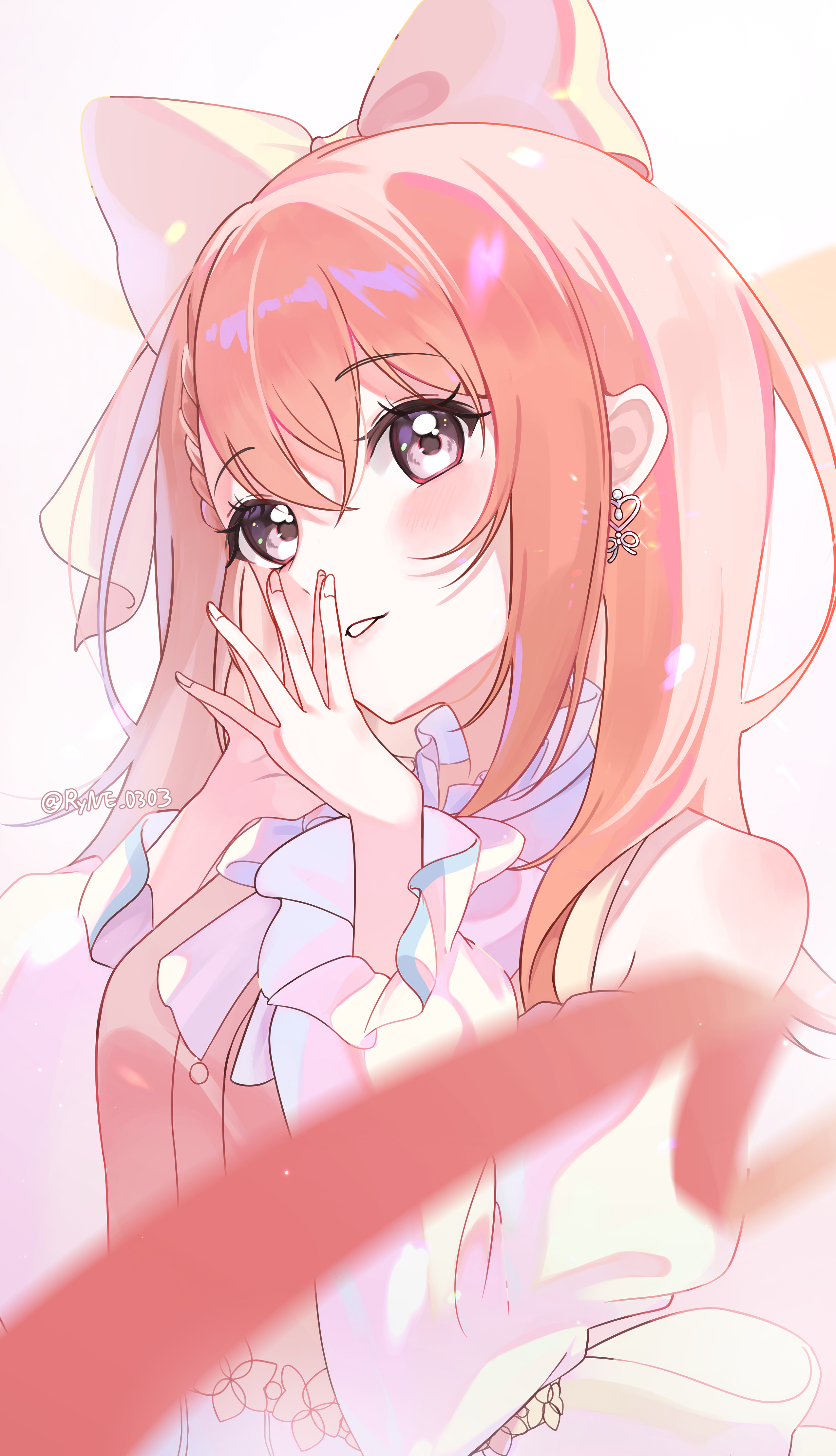 rin (ryne 0303), hanasato minori, project sekai, absurdres, commentary, highres, korean commentary, 1girl, blurry, blurry foreground, bow, braid, breasts, brown bow, brown eyes, brown hair, depth of field, detached sleeves, dress, grey background, hair between eyes, hair bow, hands up, long sleeves, medium breasts, pink dress, puffy long sleeves, puffy sleeves, sleeveless, sleeveless dress, solo, steepled fingers, upper body, white sleeves