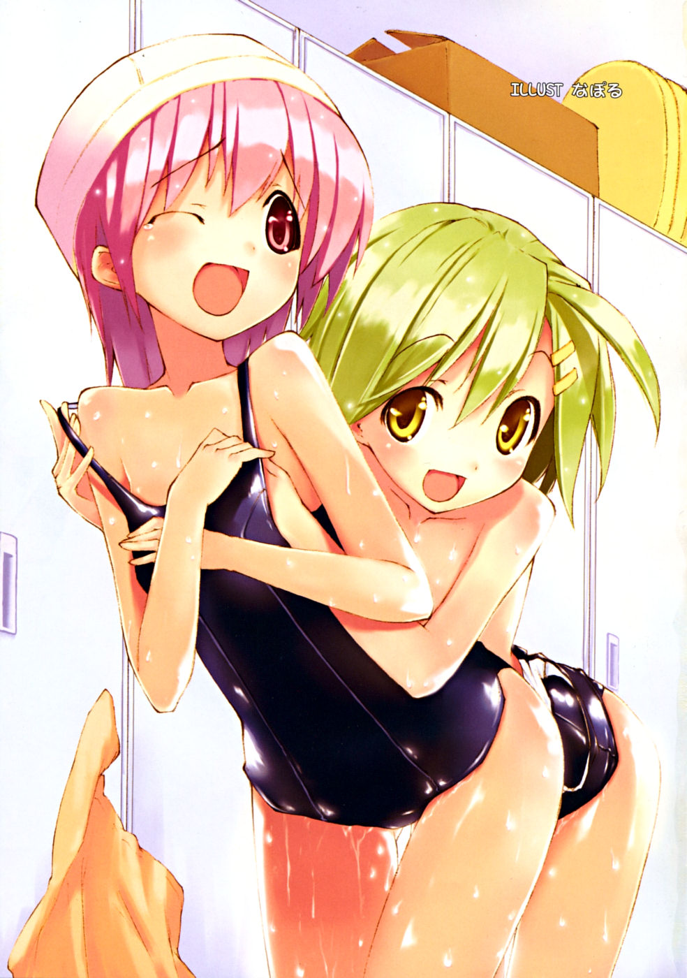 naporu, comic rin, copyright request, highres, non-web source, 2girls, black one-piece swimsuit, breasts, clothes pull, grabbing another's breast, green hair, groping, locker, locker room, loli, multiple girls, one-piece swimsuit, one-piece swimsuit pull, one eye closed, open mouth, pink hair, pulling another's clothes, school swimsuit, small breasts, swim cap, swimsuit, wet, yellow eyes, yuri