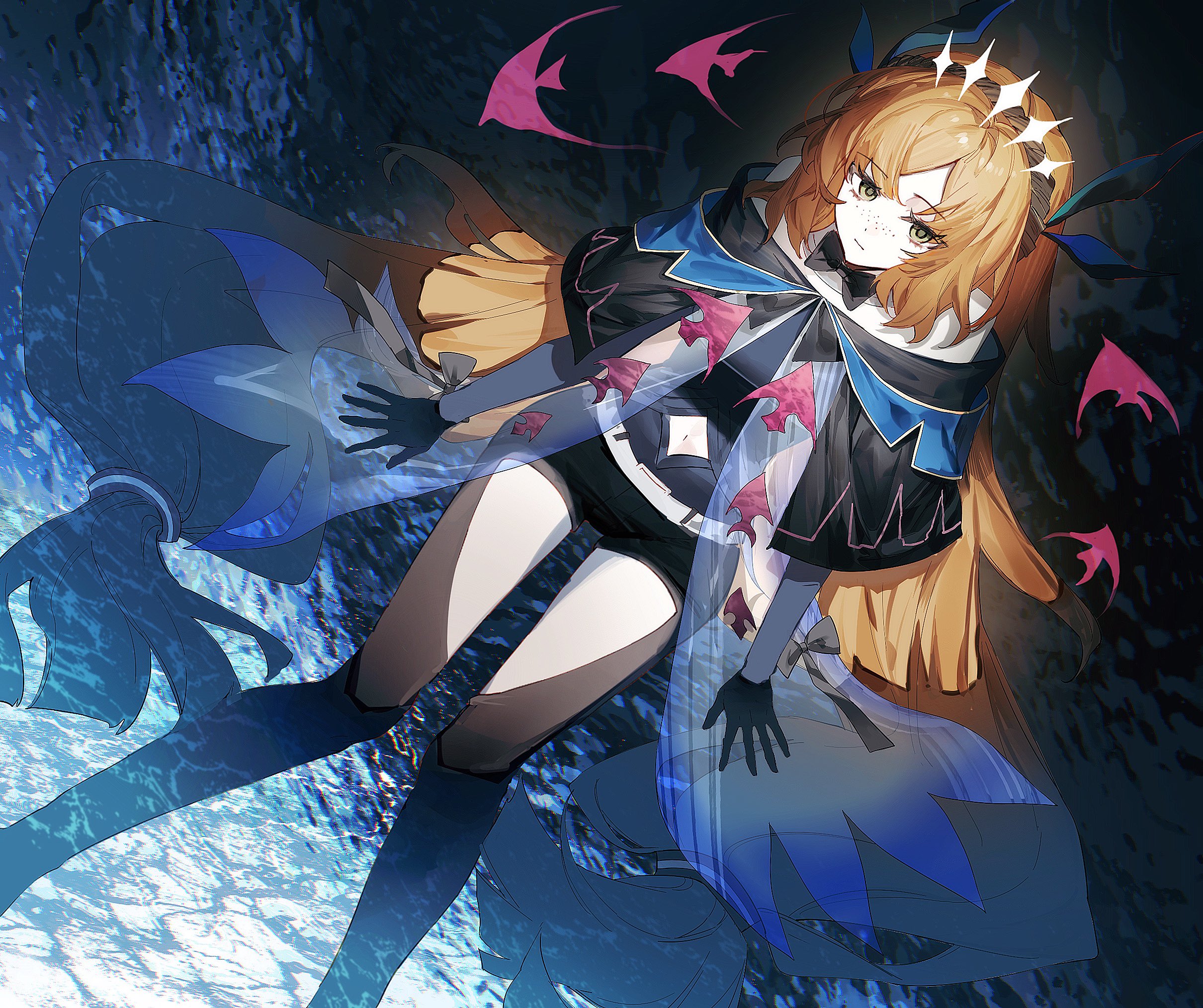 bochishiraita, ishmael (project moon), arknights, limbus company, project moon, highres, 1girl, black bow, black bowtie, black capelet, black gloves, black pants, black ribbon, bow, bowtie, capelet, closed mouth, e.g.o (project moon), fish, freckles, gloves, green eyes, hair ribbon, hairband, long hair, looking at viewer, low-tied long hair, orange hair, pants, ribbon, rope, sidelocks, solo, tiara, tidal elegy (e.g.o), very long hair