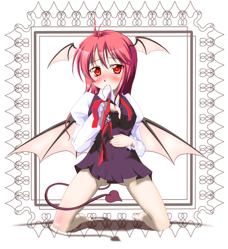tosikage, koakuma, embodiment of scarlet devil, touhou, 1girl, blush, demon tail, female focus, full body, head wings, kneeling, long hair, red hair, ribbon, solo, tail, white background, wings